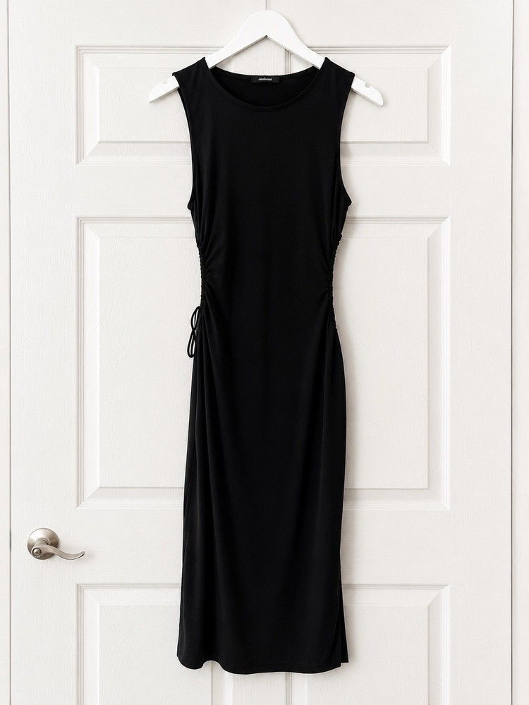 Ambiance Womens L Black Solid Round Neck Ruched Drawstring Sleeveless Midi Dress