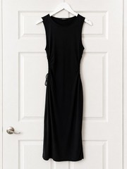 Ambiance Womens L Black Solid Round Neck Ruched Drawstring Sleeveless Midi Dress