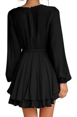 Cosonsen Womens Cute Mini Dress Deep V-Neck Long Sleeve Tie Waist Ruffle Short