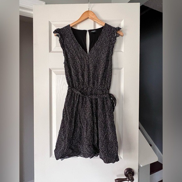 Express Black White Dot Flutter Sleeve Mini Dress Tie Waist Small