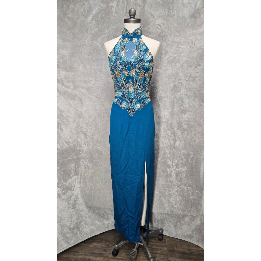 Alyce Design Teal 100% Silk Beaded Sequin Halter Gown Dress Vintage Prom Mermaid