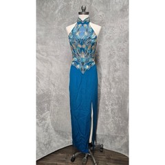 Alyce Design Teal 100% Silk Beaded Sequin Halter Gown Dress Vintage Prom Mermaid