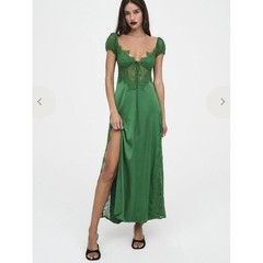 For Love & Lemons Casey Maxi Dress With Leg Slit Emerald Green Lace Trim NWT 1X