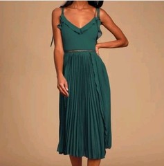 Lulus Green Solid Chiffon Pleated Ruffle V-Neck Tie-Strap Midi Dress XS