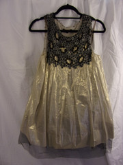 Vintage Rozae Nichols Metallic Silver Sheen Mini Dress Beaded Top Y2K Size P