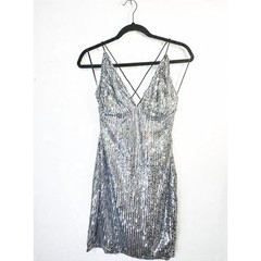 Bear Dance Silver Sequin Mini Dress V-Neck Strappy Back Party Cocktail Large (8)