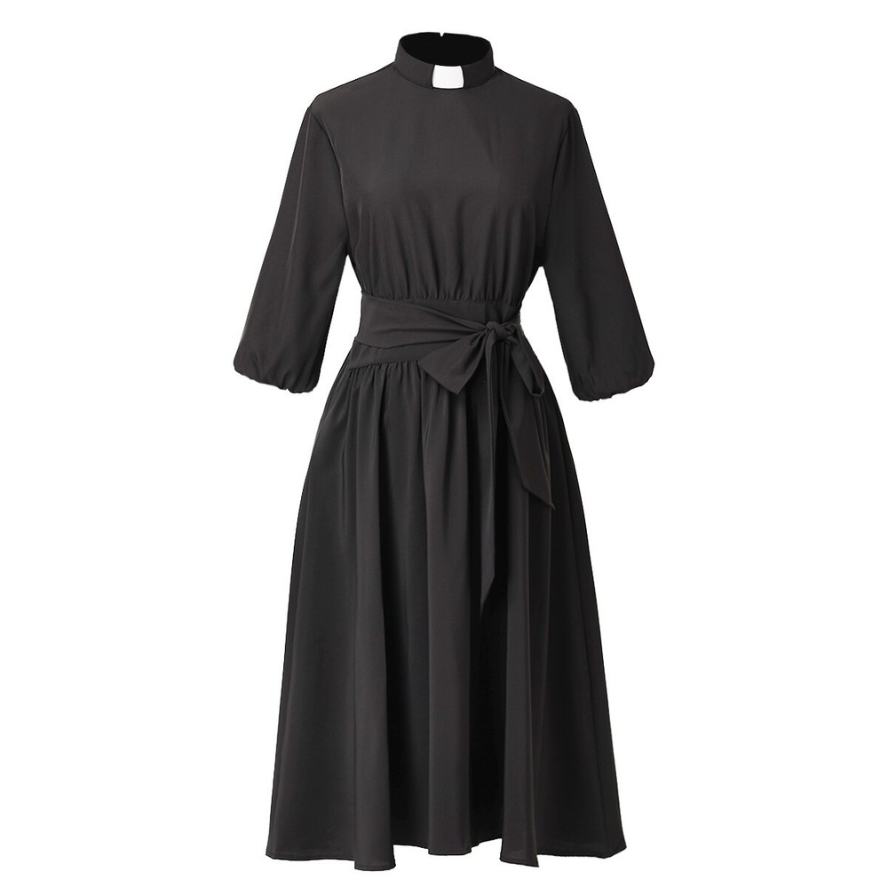 Women Clergy Dresse Audrey Hepburn Style Dress Tie Belt Priest Pastor Tab Collar