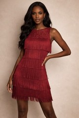 Burgundy Lace Fringe Mini Shift Dress, Sleeveless, Crew Neck, Button Closure