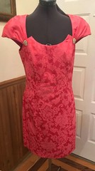 Vintage 80s Night Way Womens CORAL Dress Jacquard 12 Rhinestone Brooch Cutout