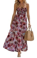 Cassie Women’s XL Multicolor Floral Smocked Sweetheart Halter Tie Beaded Maxi