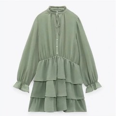 Zara Green Sheer Ruffle Long Sleeve Mini Short Dress V-Neck Women&rsquo;s XS