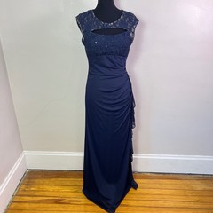 Betsy & Adam Navy Blue Lace Sequin Gown 12 Formal Evening Dress Cutout Ruched