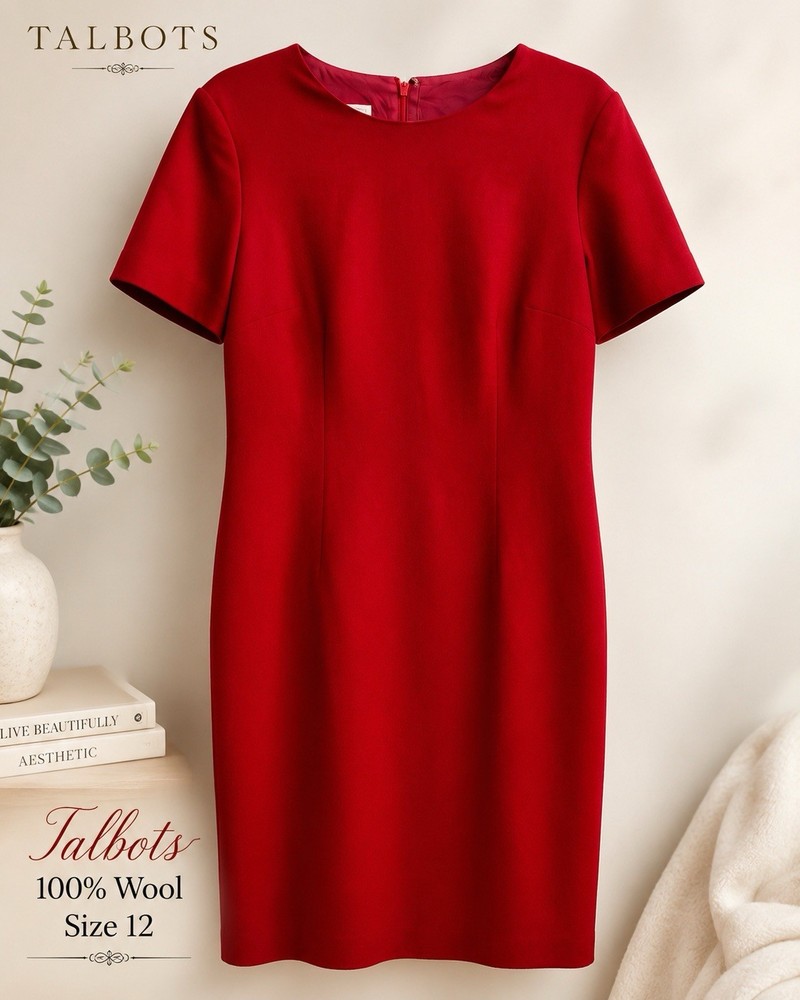 Talbots Red 100% Wool Sheath Dress Size 12 Career Office Holiday Classic