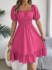 BOHO SMOCKED Waist ALine Midi DRESS Puff Sleeve Casual Summer Party DRESSER S-XL