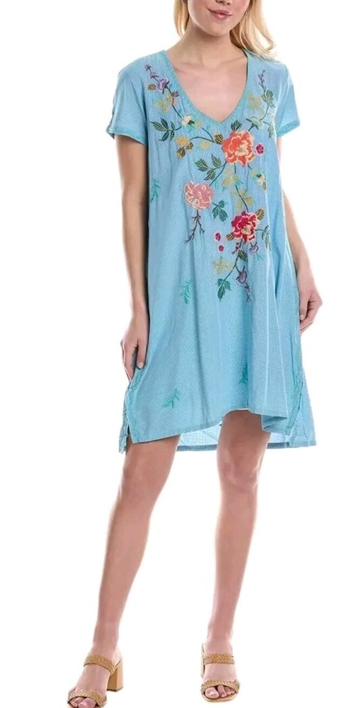 Johnny Was Workshop Adele Drape Cotton Blue Tunic Dress Women Sz S NEW