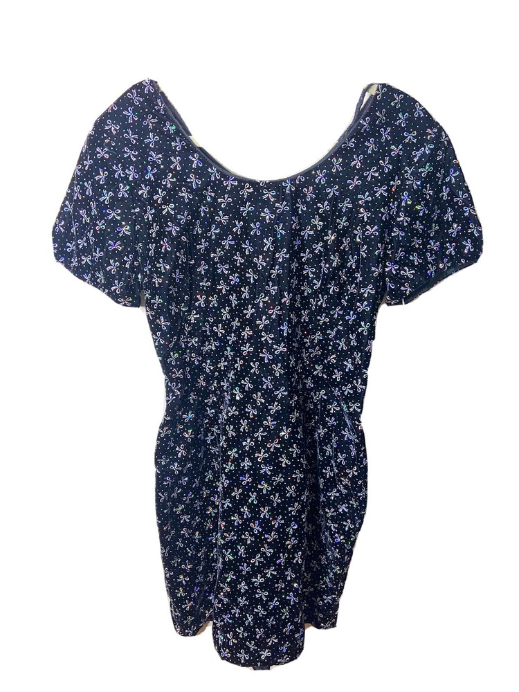 Vintage Velvet Mini Dress Metallic Silver Bows Party Black Sz 13/14 80s 90s Nye