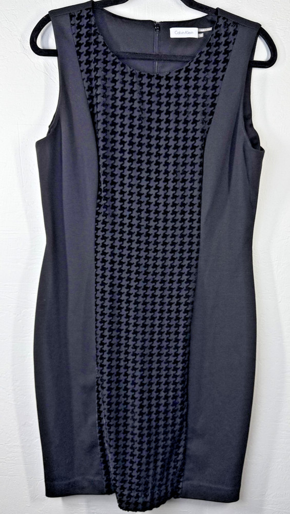 Calvin Klein Dress Womens 12 Sleeveless Sheath Houndstooth Panel Velvet Detail