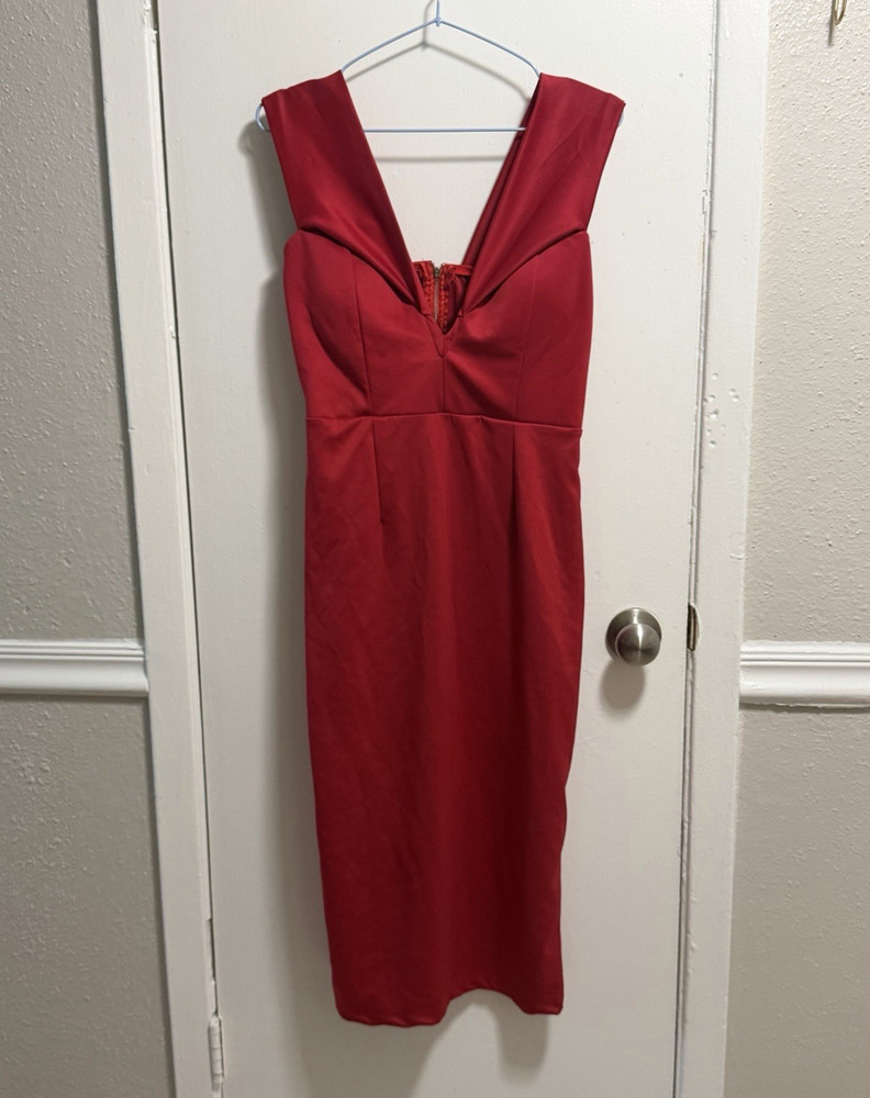 Women’s Red Solid V-Neck Sleeveless Strappy Bodycon Midi Knit Zip Dress L