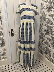 OLIPHANT Tiered Floral V Neck Maxi Dress Canary Short Sleeve Multicolor Size S