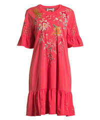 $160 JOHNNY WAS Size L ANDREAN DRESS RUFFLE Embroidered COTTON GUAVA B:44&Prime;L:37&Prime;