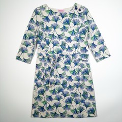 Lilly Pulitzer Shift Dress Ginkgo Print White Blue Green Belted 3/4 Sleeve XS
