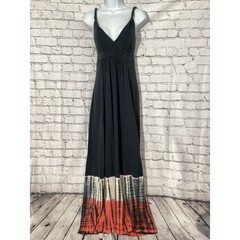 Romeo & Juliet Couture Maxi Dress Small Black Tie Dye Border Print V-Neck Boho