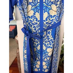 Aryeh Blue Tile Print Belted Sheath Dress Women’s M Stretch Short Sleeve