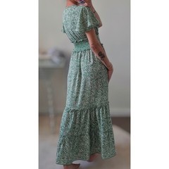 Max Studio Green Botanic Leaf Print Smocked Maxi Dress Tiered Skirt Garden Party