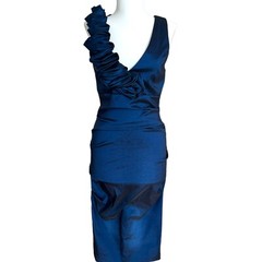 Vintage Betsy & Adam Navy Satin Midi Dress S Rushed Ruffle Glam Event Party