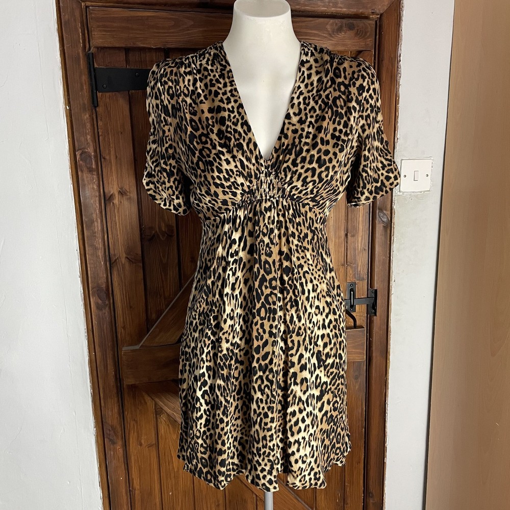 River Island Brown Leopard Print Short Sleeve Ruched V Neck Dress UK 8 NWT
