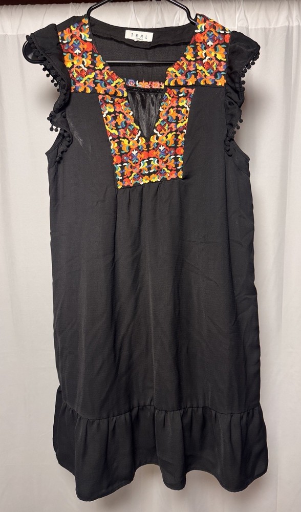 THML Embroidered Black Dress Medium Boho Hippie Aztec
