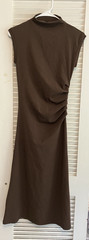 XS) NWT OGL Tucks Mockneck Midi Brown Ruched Cap Sleeve Dress
