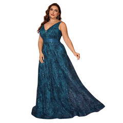 Plus Size Luxury Deep V neck Sequin Evening Dress Elegant V back Long Formal