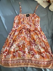 Angie Floral Rayon Smocked Sleeveless Sundress, Orange Pink White Short S