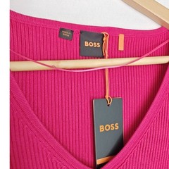 Hugo Boss Dress C Fargheritina Ribbed Knit V Neck Midi Short Sleeve Pink S New