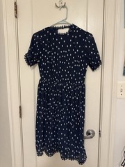 1901 Navy Polka Dot Chiffon Fit & Flare Dress lace detail cut out in back Sz XS