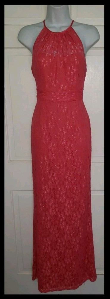 Adrianna Papell ~Coral Pink Illusion Lace Halter Sheath Formal Gown 12 NEW $189