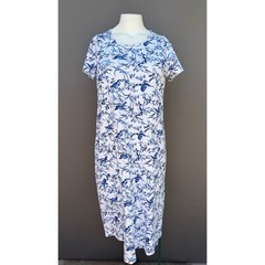 Lands End Dress Womens M 10-12 Blue White Bird Floral Knit Sheath Coastal Preppy