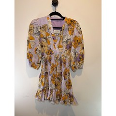 Alexis Lavender Yellow Floral 100% Linen Smocked Mini Dress Puff Sleeve XS