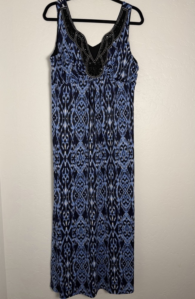 RN Studio Blue Multicolored Striped Floral Sleeveless Maxi Dress Women&rsquo;s Size 14