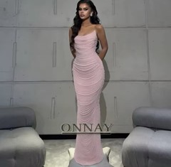 ONNAY Women’s Pink Mesh Cowl Neck Spaghetti Strap Ruched Bodycon Maxi Dress M