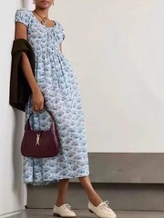 Women Doen Round Neck Floral Puff Sleeve Slim Midi Dress