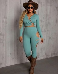 Women&rsquo;s Plus Size Solid V Neck 2Pcs Army Green 1XL Size 14 Casual