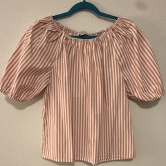 LOFT Women&rsquo;s M Pink White Striped Puff Sleeve Short Sleeve blouse: