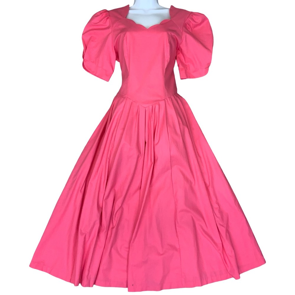 80s 90s &lsquo;Laura Ashley&rsquo; Pink Princess Cut Scalloped Neck Midi Party Dress UK 8/10