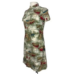 Vintage 60s Handmade Sheath Dress Medium Green Beige Boat Water Whimsical Tiki