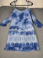 BCBGMAXAZRIA Dress Womens Medium Blue Tie Dye Cold Shoulder Embroidered Boho