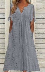 Women Hollow Embroidery V Neck Tie Sleeve Casual Beach Dress