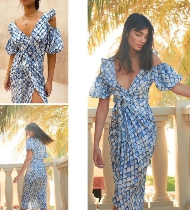 NWT Never Fully Dressed Wrap Dress Cold Shoulder Sz 20 Blue Marble Satin Midi