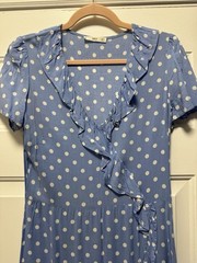Mango Light Blue and White Polka Dot Ruffle Wrap Dress